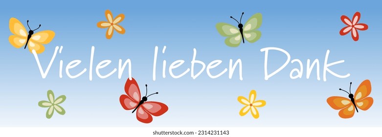 Vielen lieben Dank. German thank you phrase. Thank you banner with butterflies and blossoms on a sky blue background.