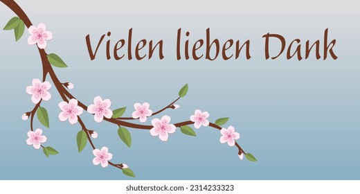 Vielen lieben Dank. German thank you phrase. Thank you card with pink blossoms on a branch.