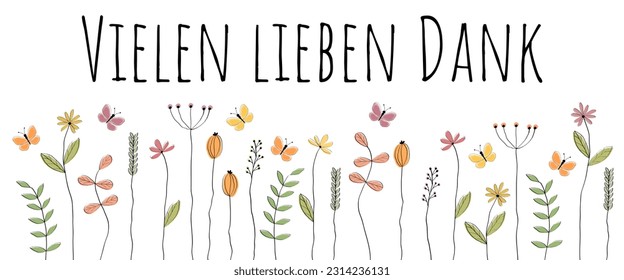 Vielen lieben Dank. Frases de agradecimiento alemanas. Gracias banner con flores y mariposas dibujadas con cariño.