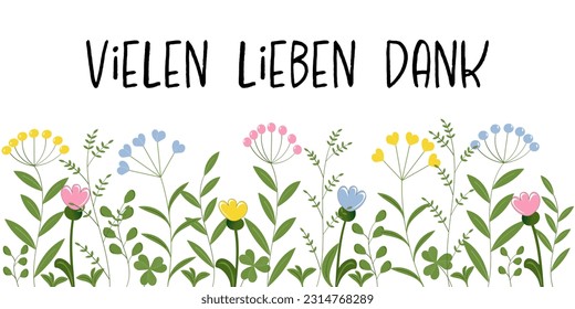 Vielen lieben Dank. German thank you phrase. Thank you card with flowers in pastel colors.