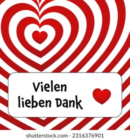 Vielen lieben Dank. German thank you phrase. Thank you card with a red and white striped heart.