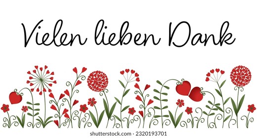 Vielen lieben Dank. Frases de agradecimiento alemanas. Gracias banner con flores hechas de corazones rojos.