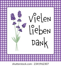 Vielen lieben Dank. German thank you phrase. Thank you card with lavender and purple and white checkered frame.