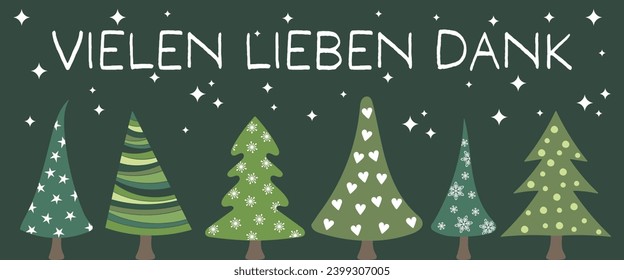 Vielen lieben Dank - letras en alemán - Muchas gracias. Gracias tarjeta con abetos.