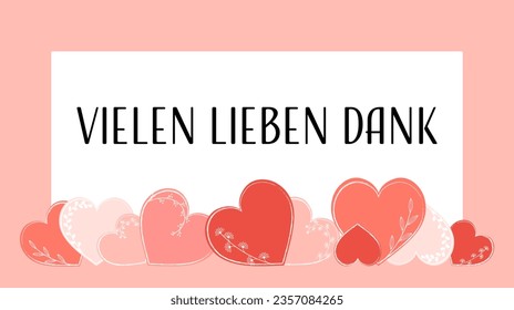 Vielen lieben Dank - texto en alemán - Gracias. Gracias tarjeta con un marco y corazones florales en rojo y rosa.