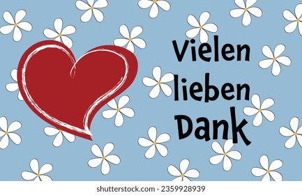 Vielen lieben Dank - texto en alemán - Gracias. Gracias tarjeta con corazón en un fondo azul cielo con flores blancas.