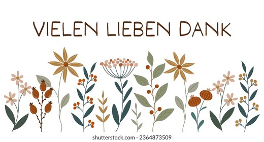 Vielen lieben Dank - texto en alemán - Gracias. Gracias tarjeta con flores de otoño.