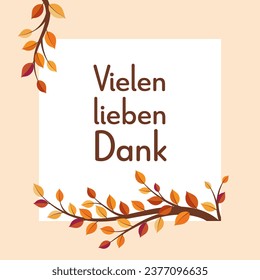 Vielen lieben Dank - texto en alemán - Gracias. Tarjeta de agradecimiento cuadrada con coloridas ramas de árboles de otoño.