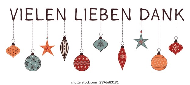 Vielen lieben Dank - texto en alemán - Gracias. Gracias tarjeta con coloridas bolas de Navidad.