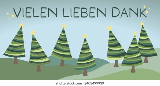 Vielen lieben Dank - texto en alemán - Muchas gracias. Gracias tarjeta con árboles de Navidad.