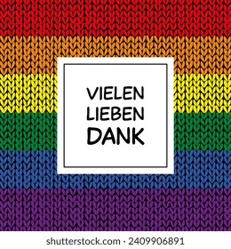 Vielen lieben Dank - texto en alemán - Muchas gracias. Tarjeta cuadrada de agradecimiento con fondo de punto rayado en colores arcoiris.