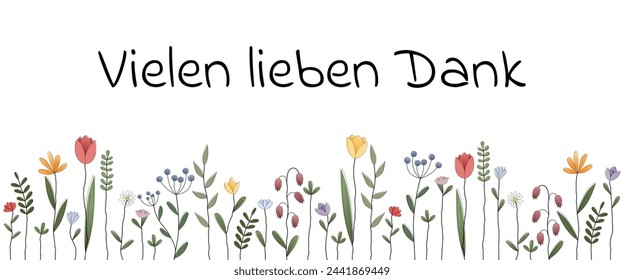 Vielen lieben Dank - text in German language - Thank you very much. Thank you card with colorful Spring flowers.