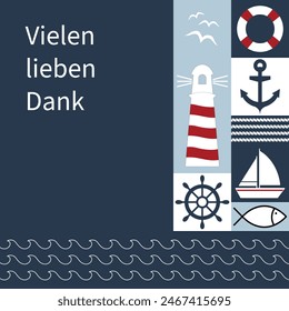 Vielen lieben Dank - texto en alemán - Muchas gracias. Tarjeta de agradecimiento marítima con faro, ancla, velero, peces, gaviotas, salvavidas y volante.