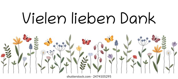 Vielen lieben Dank - texto en alemán - Muchas gracias. Anuncio con flores de colores y mariposas.