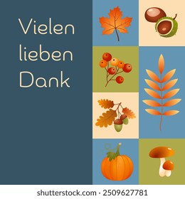 Vielen lieben Dank - texto en alemán - Muchas gracias. Tarjeta cuadrada con calabaza, hoja de arce, bellotas, bayas, castañas y setas.