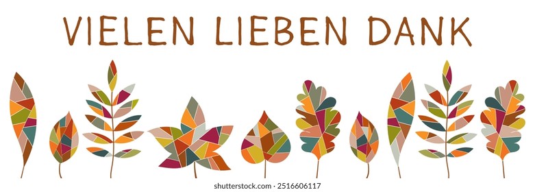 Vielen lieben Dank - text in German language - Thank you very much. Banner with colorful leaves.