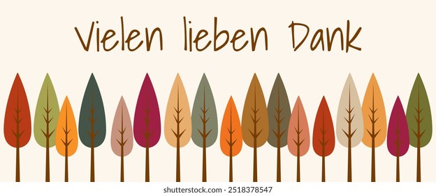 Vielen lieben Dank - texto en alemán - Muchas gracias. Tarjeta de felicitación del otoño con una fila de árboles coloridos.