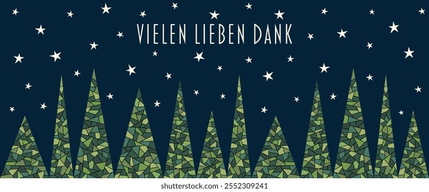 Vielen lieben Dank - text in German language - Thank you very much. Banner with abstrakt fir trees in front of a starry sky.