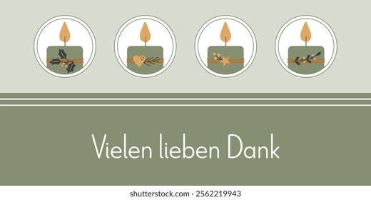 Vielen lieben Dank - text in German language - Thank you very much. Thank you card with four decorated candles in green, gold and anthracite.