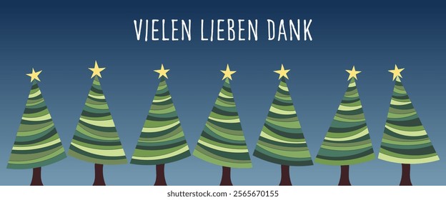 Vielen lieben Dank - text in German language - Thank you very much. Thank you card with Christmas trees.