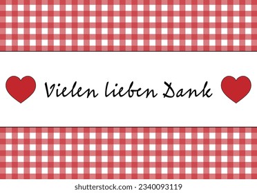 Vielen lieben Dank.German (frase de agradecimiento). Gracias tarjeta con corazones y fondo de cuadros rojos y blancos.