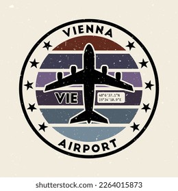 Vienna airport insignia. Round badge with vintage stripes, airplane shape, airport IATA code and GPS coordinates. Attractive vector illustration.