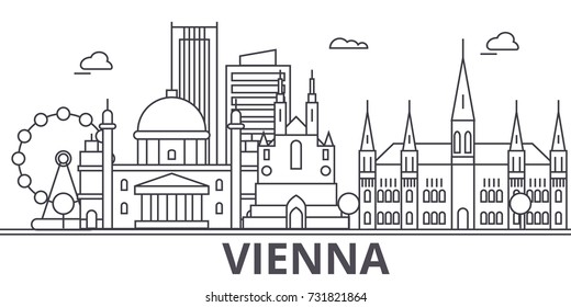 Vienna architecture line skyline illustration. Linear vector cityscape with famous landmarks, city sights, design icons. Landscape wtih editable strokes