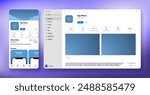 Vienna, Austria - 09.07.2024: App Store responsive Web and Mobile Interface. App listing mockup. Apps shop platform. Play Market application download page profile with rating. Vector illustration.