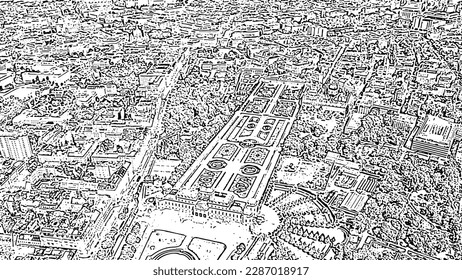 Vienna, Austria. An aerial view of the Belvedere, a baroque palace complex with symmetrical gardens. The composition features a large rectangular formal garden with patterned parterres and a long central axis. Two prominent palace buildings are positioned at opposite ends of the garden. The high-contrast black-and-white sketch gives the scene a schematic and stark atmosphere. The surrounding urban fabric of Vienna is visible with dense buildings, streets, and tree clusters. The Belvedere was built as a summer residence for Prince Eugene of Savoy by architect Johann Lucas von Hildebrandt, with construction finishing in 1723 . Sketch doodle style.