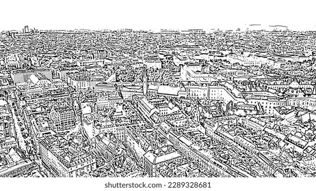 Vienna, Austria. An aerial view captures the historic city center rendered in a sketch doodle illustration style with bold black ink lines against a white background. The composition centers on St. Stephen's Cathedral, recognizable by its distinctive silhouette with the tall south tower and shorter north tower rising above the surrounding urban fabric. The dense network of buildings, streets, and rooftops spreads outward in all directions, creating a detailed cityscape pattern typical of European historic centers. The artistic treatment transforms the photograph into a graphic pen-and-ink drawing effect, emphasizing architectural outlines and urban geometry. Construction of the Gothic cathedral began in the 12th century, with the iconic south tower completed in 1433 after 65 years of work. Sketch doodle style.