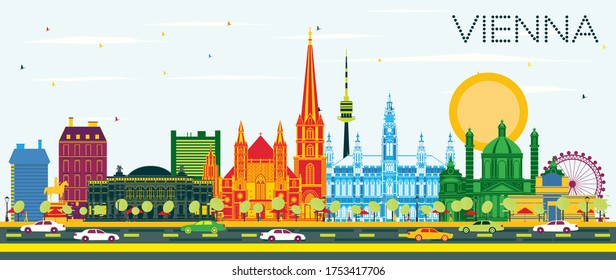 Vienna Austria City Skyline with Color Buildings and Blue Sky. Vector Illustration. Business Travel and Tourism Concept with Historic Architecture. Vienna Cityscape with Landmarks.