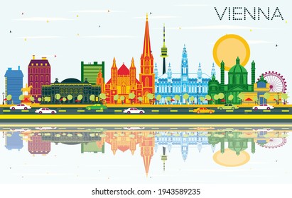 Vienna Austria City Skyline with Color Buildings, Blue Sky and Reflections. Vector Illustration. Business Travel and Tourism Concept with Historic Architecture. Vienna Cityscape with Landmarks.