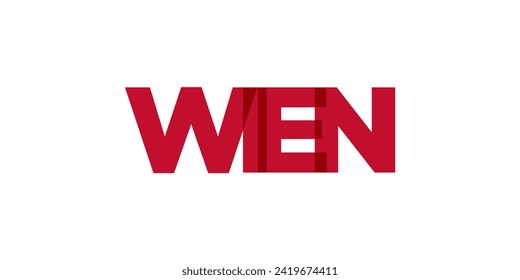Vienna in the Austria emblem for print and web. Design features geometric style, vector illustration with bold typography in modern font. Graphic slogan lettering isolated on white background.