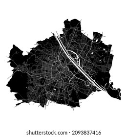 Vienna, Austria, high resolution vector map with city boundaries, and editable paths. The city map was drawn with white areas and lines for main roads, side roads and watercourses on black background