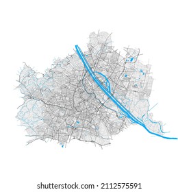 Vienna, Austria high resolution vector map with city boundaries and editable paths. White outlines for main roads. Many detailed paths. Blue shapes and lines for water.