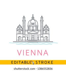 Vienna Austria, Karlskirche St. Charles Church. Easy editable stroke line icon.