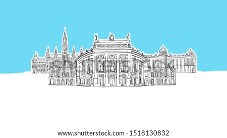 Vienna Austria Lineart Vector Sketch. and Drawn Illustration on blue background.