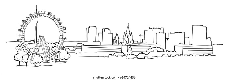 Vienna Austria Panorama Sketch, Monochrome Urban Cityscape Vector Artprint