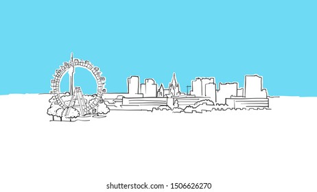 Vienna Austria Skyline Panorama Vector Sketch. Hand-drawn Illustration on blue background.