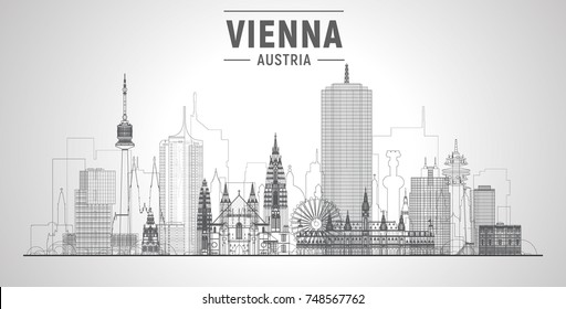 Vienna ( Austria ) skyline with panorama in white background. Vector Illustration. Business travel and tourism concept with modern buildings. Image for presentation, banner, web site.