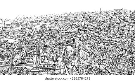 Vienna, Austria. St. Stephen's Cathedral (German: Stephansdom). An aerial view rendered in high-contrast black and white line art. The cathedral anchors the composition with its massive Gothic tower and distinctive patterned tile roof. A dense grid of historic building rooftops and narrow streets surrounds the church, extending toward a blank white horizon. The monochromatic sketch emphasizes geometric urban forms and intricate architectural linework. Construction of the south tower began in 1368. The cathedral's colorful roof features over 230,000 glazed tiles. Sketch doodle style.