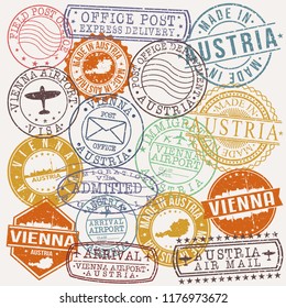 Vienna Austria Stamp Vector Art Postal Passport Travel Design Set Badge Rubber Set.