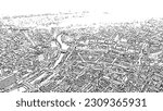 Vienna, Austria. A stylized aerial view captures the historic city center with the Donaukanal canal cutting through dense urban architecture. The hand-drawn vector treatment renders rooftops, building blocks, and the waterway in bold black contour lines against a clean white ground, creating a graphic map-like composition. The scene encompasses the old town and downtown districts with a mix of historic and European architectural forms viewed from above. The Donaukanal, a regulated former arm of the Danube river that flows 17 kilometers through the city, appears as a winding channel flanked by bridges and embankments. The illustration emphasizes the geometric rhythm of the urban fabric and the organic curve of the waterway, offering a clear top-down perspective suitable for travel posters and editorial layouts. Sketch doodle style.