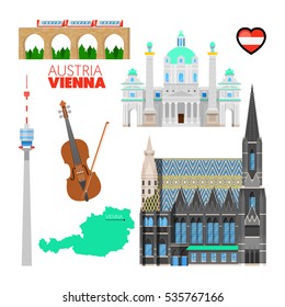 Vienna Austria Travel Doodle with Architecture, Violin and Flag. Vector illustration