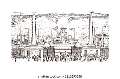 Vienna, Austria’s capital, lies in the country’s east on the Danube River. Hand drawn sketch illustration in vector.