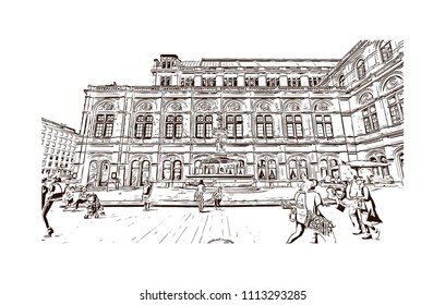Vienna, Austria’s capital, lies in the country’s east on the Danube River. Hand drawn sketch illustration in vector.