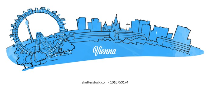 Vienna Citiyscape Panorama, hand drawn outline sketch for greeting card prints and travel marketing