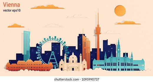 Vienna city colorful paper cut style, vector stock illustration. Cityscape with all famous buildings. Skyline Vienna city composition for design 