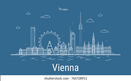 Vienna city, Line Art Vector illustration with all famous buildings. Linear Banner with Showplace. Composition of Modern buildings, Cityscape. Vienna buildings set