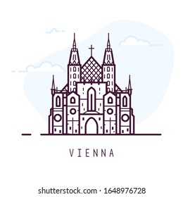 Vienna city line style illustration. Old and famous St. Stephen's Cathedral or Stephansdom in Vienna. Austria architecture city symbol of Austria. Outline building vector illustration. Travel banner.